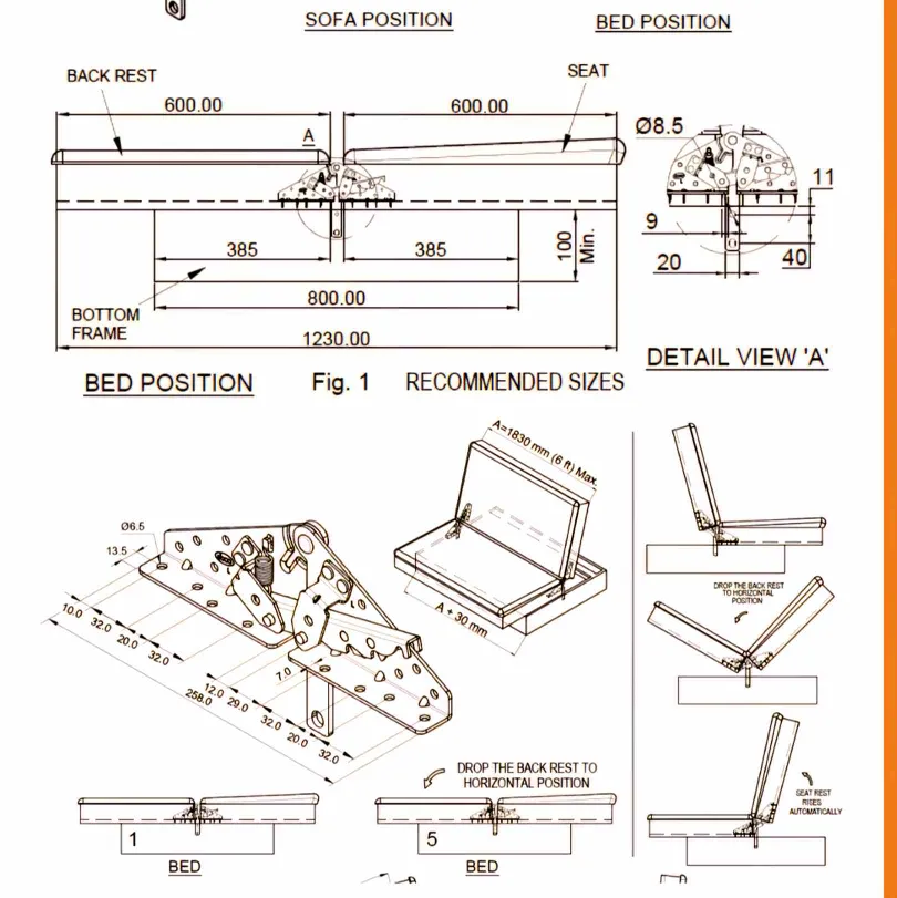 Ebco Sofa Cum Bed Fitting 3 Click SCBC3 Set of 2pcs | Convertible Sofa to Bed Mechanism with 3 Reclining Positions (2913)