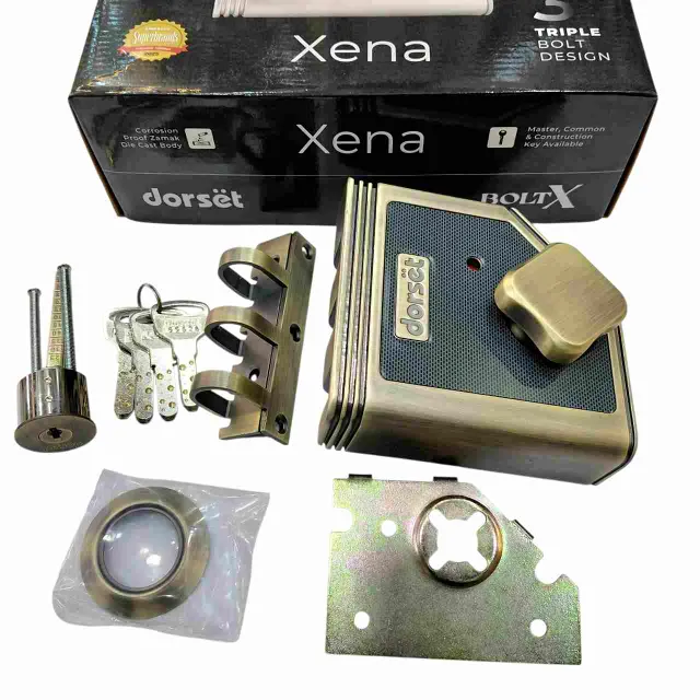 Dorset Main Door Lock for Double Door Antique XENA 202PT | Rimlock | bolt X | 3 Vertibolt 15 year warranty(2954)