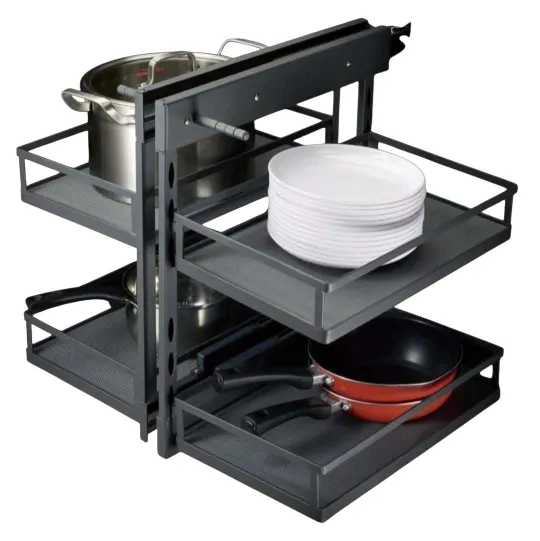 Universal Magic Corner for Modular Kitchen | Grey Flatline Soft Close Corner Shelf 4-Tier | Heavy Duty Metal | 5-Year Warranty(2949)