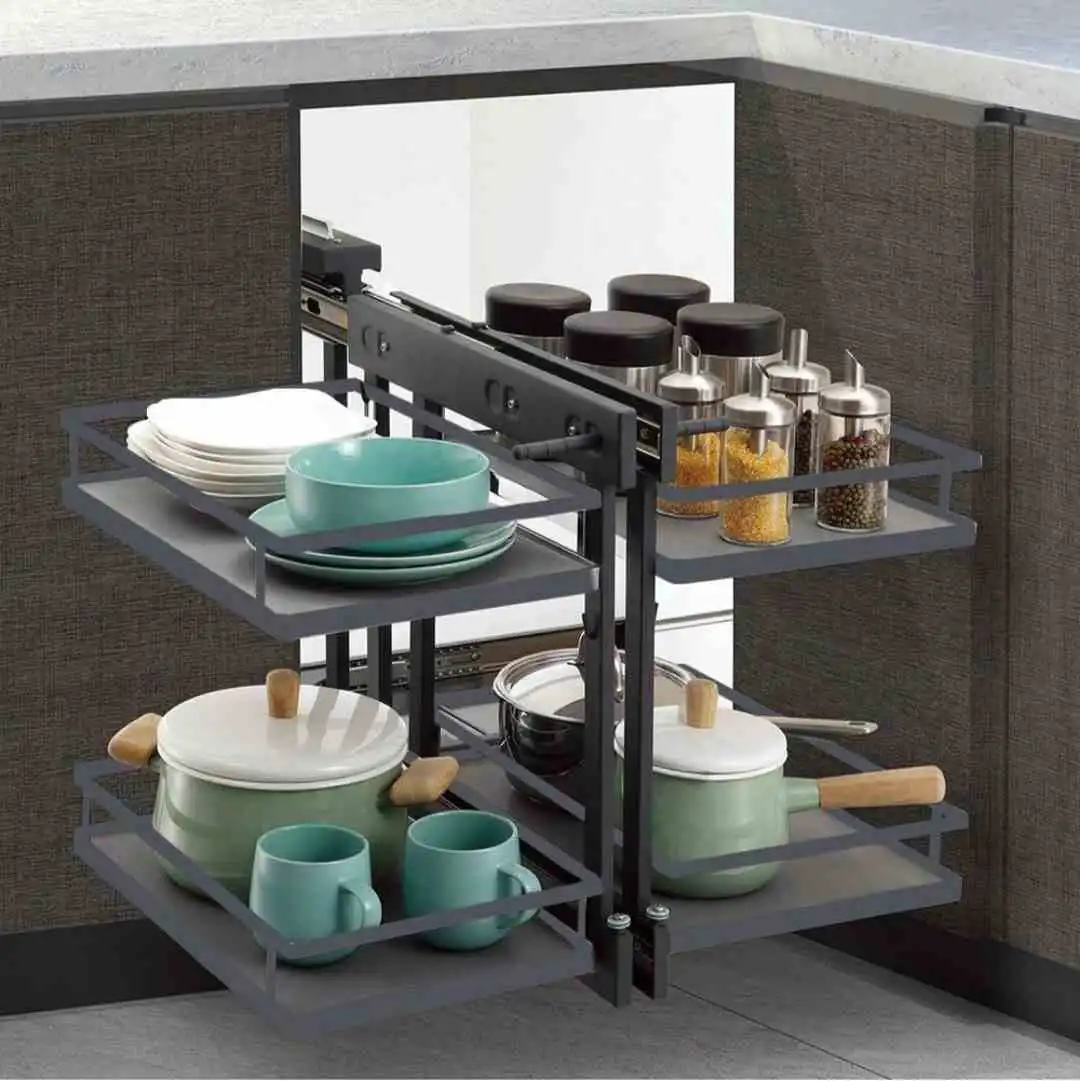 Universal Magic Corner for Modular Kitchen | Grey Flatline Soft Close Corner Shelf 4-Tier | Heavy Duty Metal | 5-Year Warranty(2949)