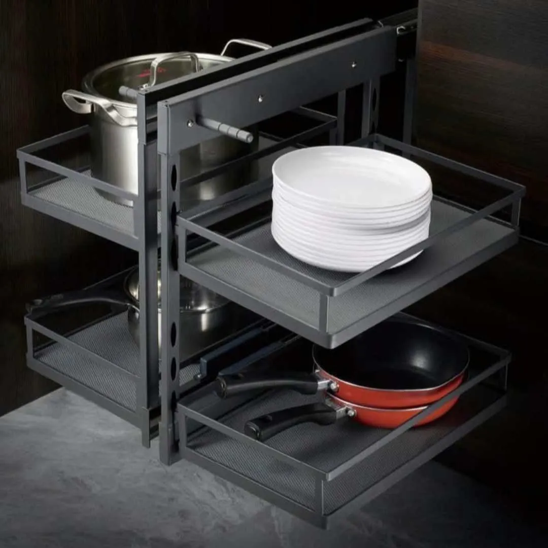Universal Magic Corner for Modular Kitchen | Grey Flatline Soft Close Corner Shelf 4-Tier | Heavy Duty Metal | 5-Year Warranty(2949)