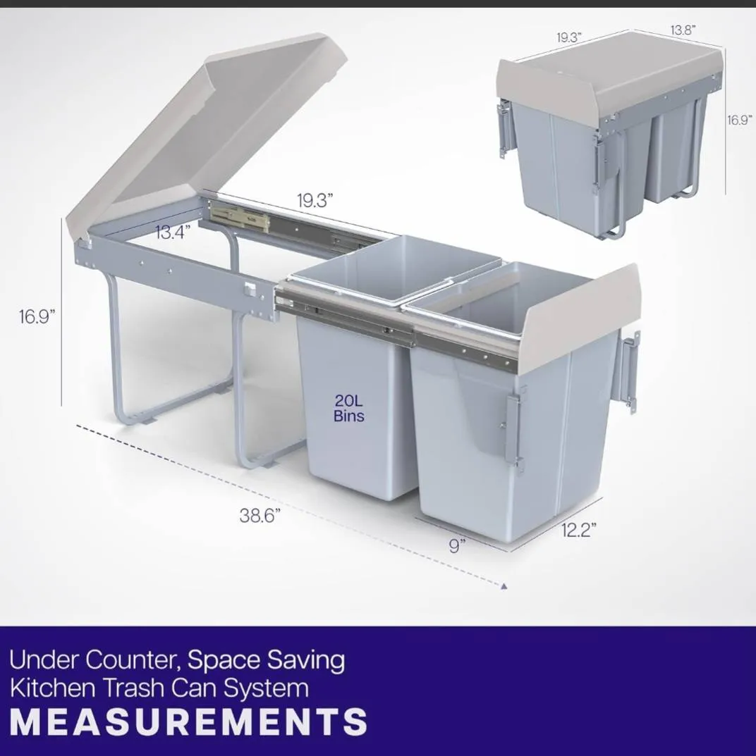 Double Pullout Dustbin for Kitchen 20L+20L Dry and Wet Waste, Grey Finish, 5-Year Warranty (2971)