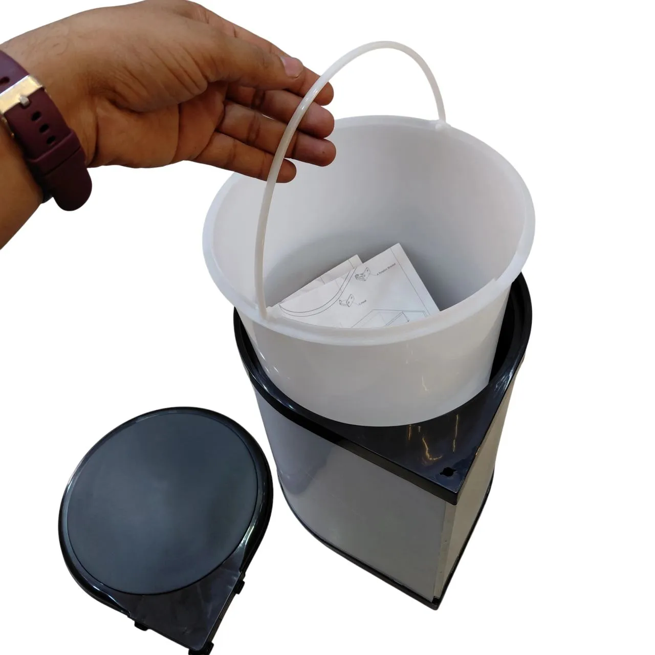 Auto Lid Dustbin 14 Ltr – Stainless Steel and Black Garbage Bin for Modular Kitchen Cabinets(1694)