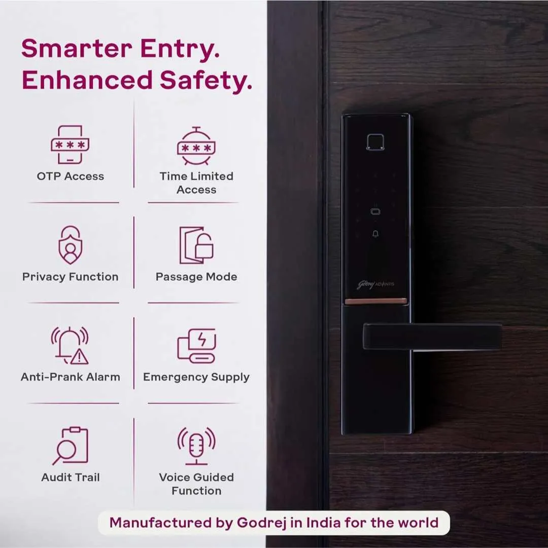 Godrej Advantis GSL D1 Smart Door Lock Black | 7-in-1 Digital Lock 4406 | WiFi, NFC, OTP Access, Bluetooth, Fingerprint, RFID, PIN, Key | VDP Compatible |3 Yrs Warranty | Free Installation (3