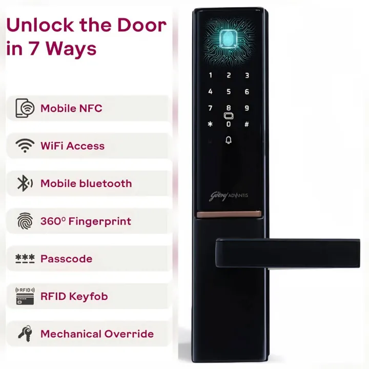 Godrej Advantis GSL D1 Smart Door Lock Black | 7-in-1 Digital Lock 4406 | WiFi, NFC, OTP Access, Bluetooth, Fingerprint, RFID, PIN, Key | VDP Compatible |3 Yrs Warranty | Free Installation (3