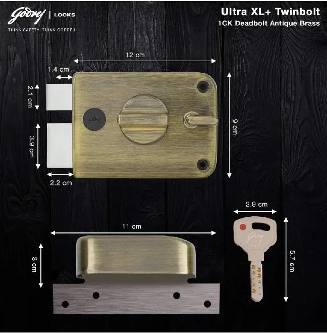 Godrej Ultra XL+ Twinbolt 1CK Deadbolt Maindoor Lock Antique Brass 6085AB | 5 years warrenty | Free Installation (1556)
