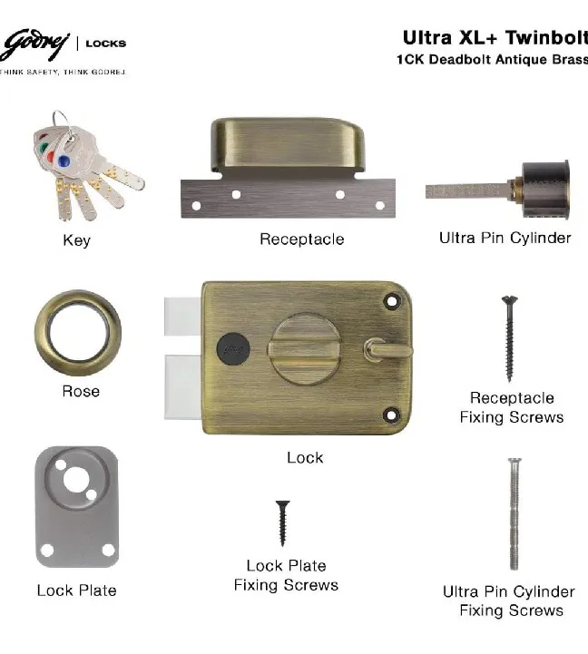 Godrej Ultra XL+ Twinbolt 1CK Deadbolt Maindoor Lock Antique Brass 6085AB | 5 years warrenty | Free Installation (1556)