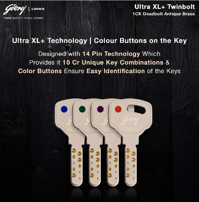 Godrej Ultra XL+ Twinbolt 1CK Deadbolt Maindoor Lock Antique Brass 6085AB | 5 years warrenty | Free Installation (1556)