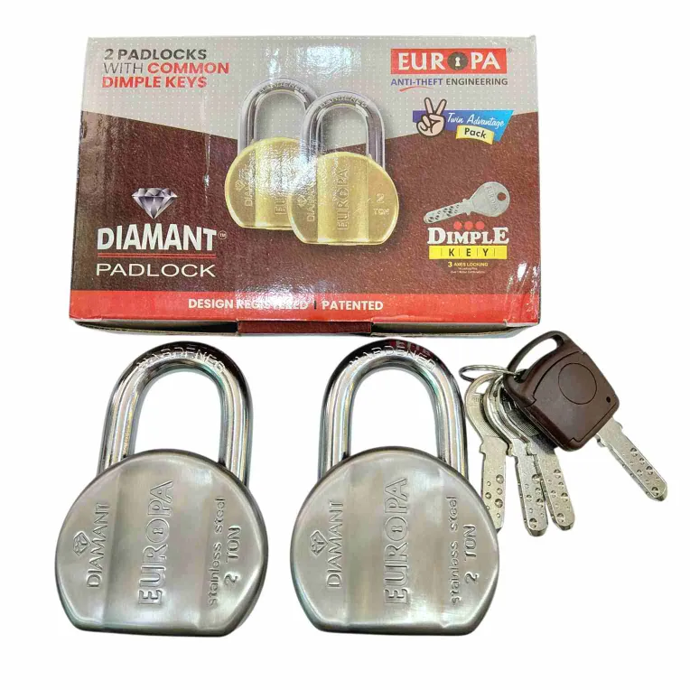 Europa Diamant Padlock L365SSTW 65mm | Satin Stainless Steel | Pack of 2pcs with Common Key | 15 Years Warranty (1107)