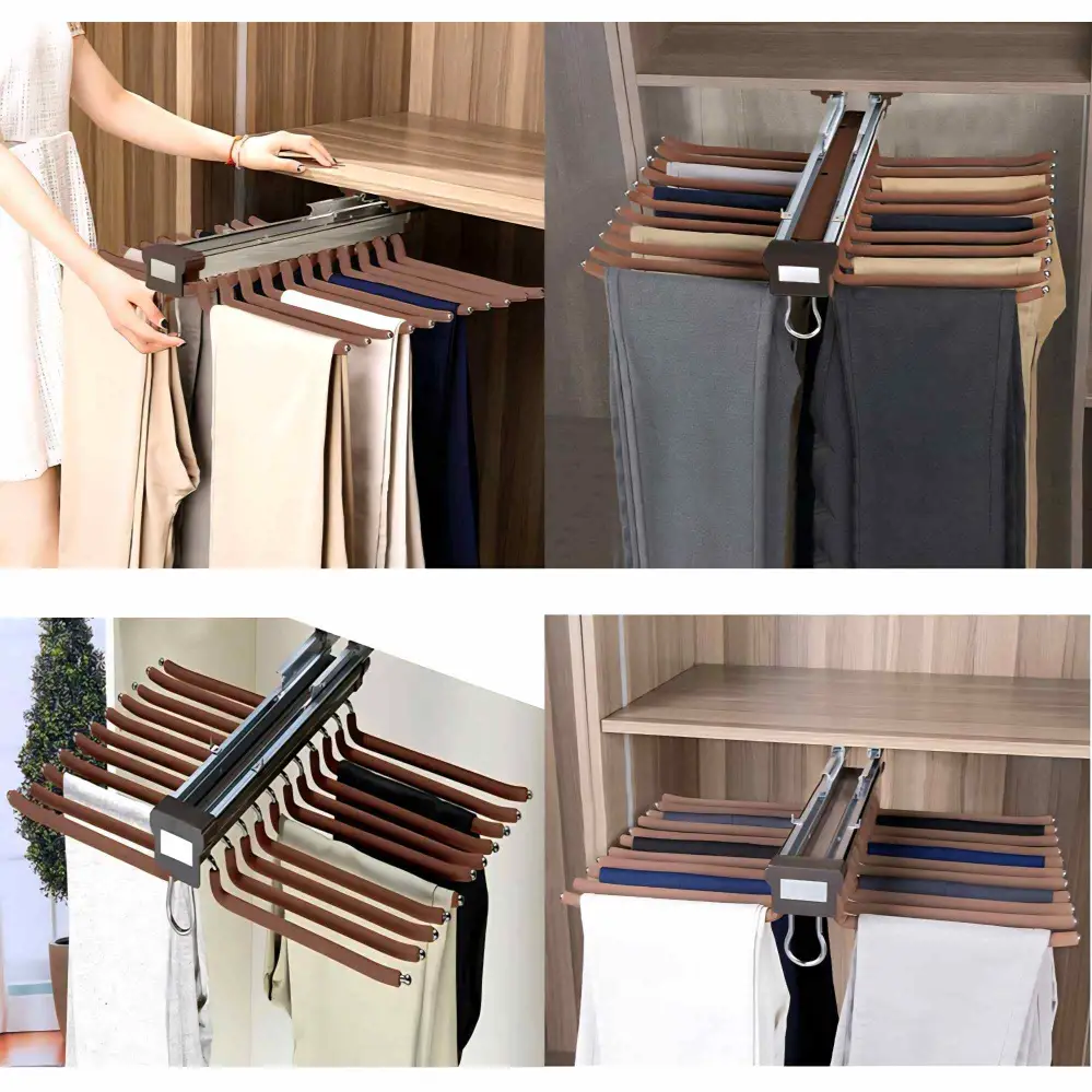 Wardrobe Organizer Pull Out Trouser/Saree Rack Soft Close Double Row 20 Arms Mocha Finish 650mm (3031)