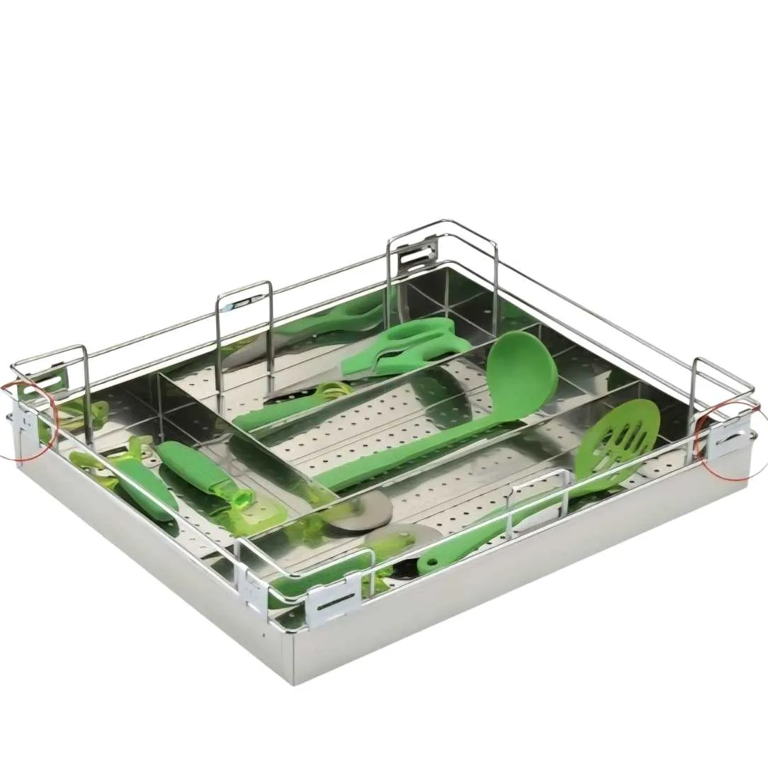 Kitchen Basket Stainless Steel Perforated Cutlery Organizer Trolley | deep-20" , height-4" , width-15",17",19",21",24" (1679)