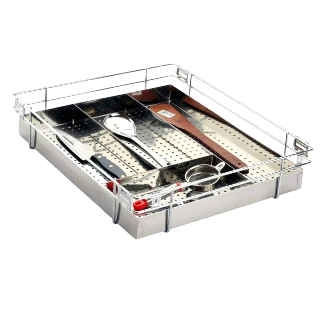 Kitchen Basket Stainless Steel Perforated Cutlery Organizer Trolley | deep-20" , height-4" , width-15",17",19",21",24" (1679)