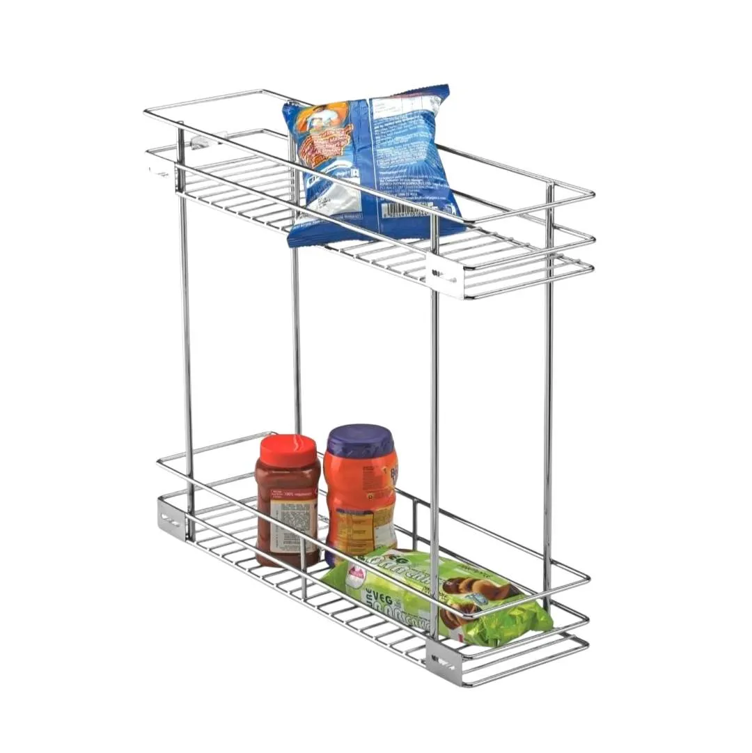 Kitchen Basket Bottle Pullout 2 Shelf Stainless Steel wire Trolley Organizer  | Deep-20" | width-4",6",8",10",12" | 15 Years Guarantee(2517)