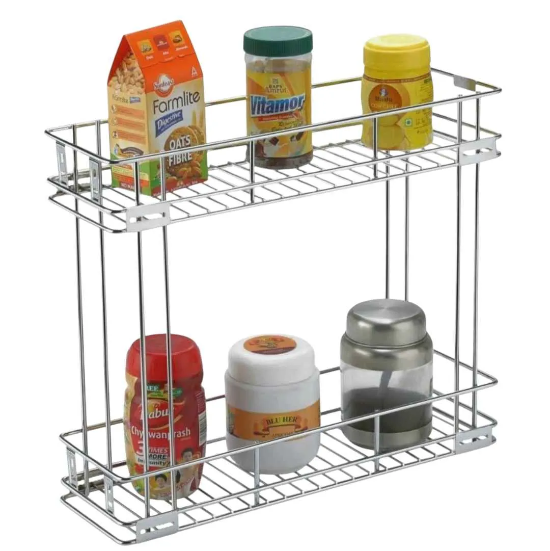 Kitchen Basket Bottle Pullout 2 Shelf Stainless Steel wire Trolley Organizer  | Deep-20" | width-4",6",8",10",12" | 15 Years Guarantee(2517)
