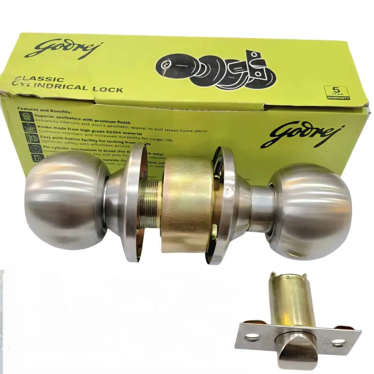 Godrej Cylindrical lock keyless 5805 stainless steel for bathroom (without key) 2years warrenty (60mm latch)(1589)