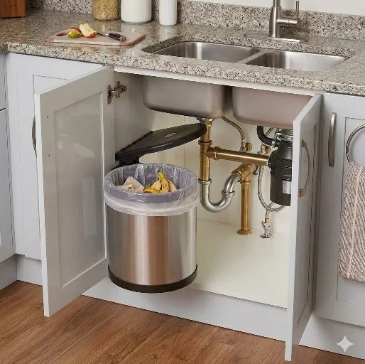 Auto Lid Dustbin 8 Ltr Stainless Steel Silver and Black Garbage Bin for Modular Kitchen Cabinets (2885)