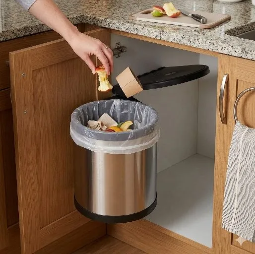 Auto Lid Dustbin 8 Ltr Stainless Steel Silver and Black Garbage Bin for Modular Kitchen Cabinets (2885)