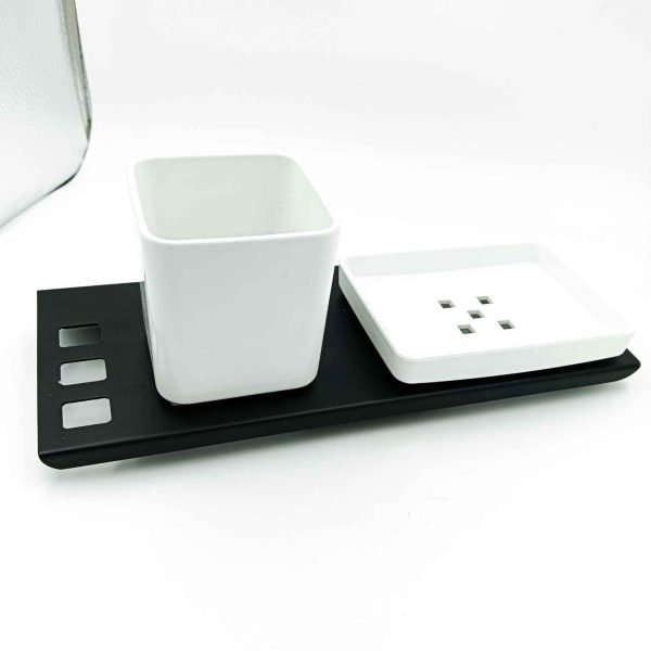 S.S 3in1 black/white soap dish with paste and brush holder
