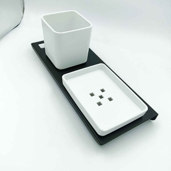 S.S 3in1 black/white soap dish with paste and brush holder