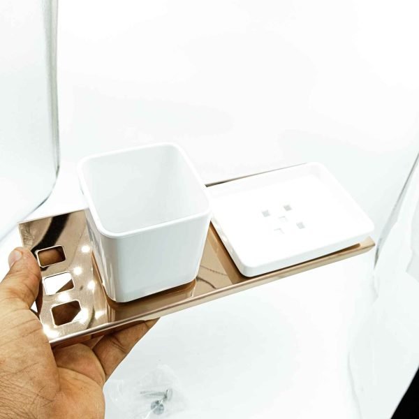 S.S 3in1 Rosegold/white soap dish with paste and brush holder