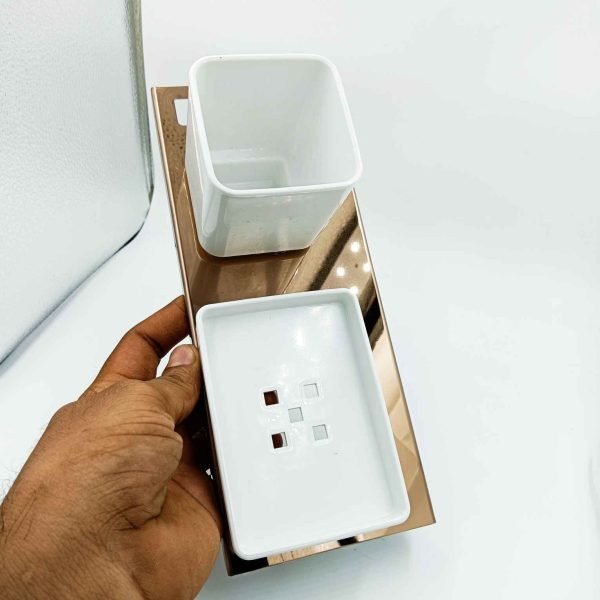 S.S 3in1 Rosegold/white soap dish with paste and brush holder