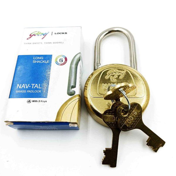 Godrej Navtal round padlock long shackle 8870 brass 6 levers