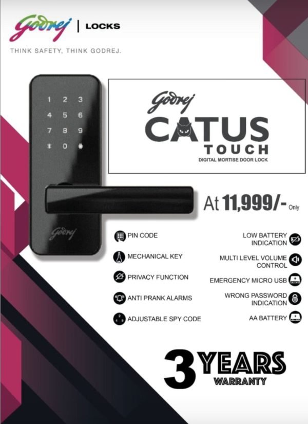 Godrej Digital mortise door lock CATUS Touch 3 years warrenty access by pin code,key,password