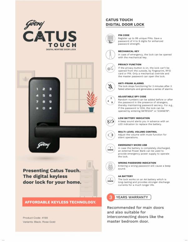 Godrej Digital mortise door lock CATUS Touch 3 years warrenty access by pin code,key,password