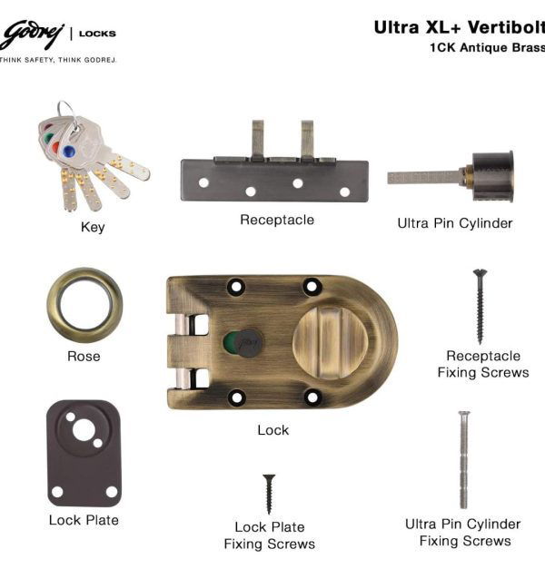 Godrej maindoor lock ultra XL+ vertibolt 1ck for double door antique brass 4290 5 year warrenty