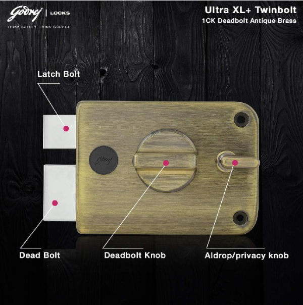 Godrej maindoor lock ultra XL+twinbolt 1ck deadbolt antique brass 6085AB 5 years warrenty free installation