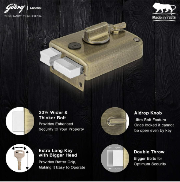 Godrej maindoor lock ultra XL+twinbolt 1ck deadbolt antique brass 6085AB 5 years warrenty free installation