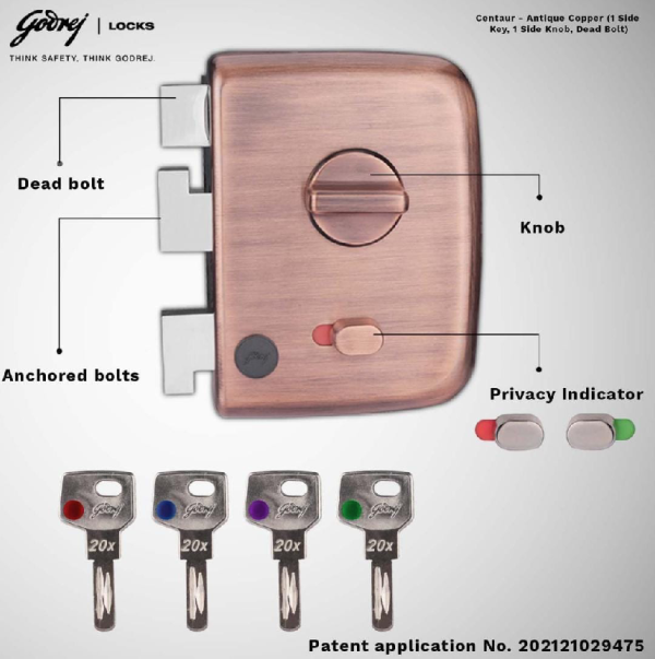 Godrej maindoor lock 3557 centaur for double doors 15 years warranty with copper(rosegold) finish