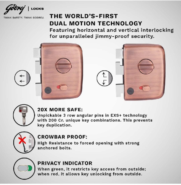 Godrej maindoor lock 3557 centaur for double doors 15 years warranty with copper(rosegold) finish