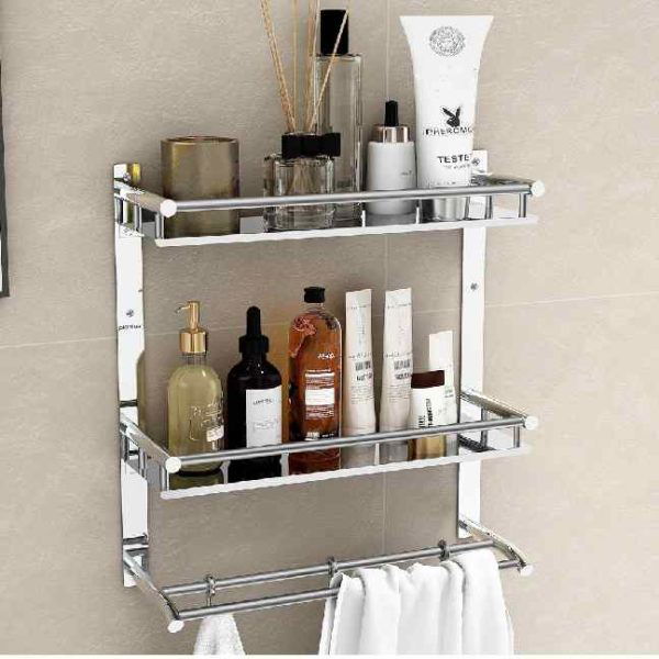 5 in 1 Stainless Steel Double Layer Shelf with Towel Holder Rod for Bathroom/Multipurpose Shelf for Wall Mount Bathroom Accessories (Chrome)