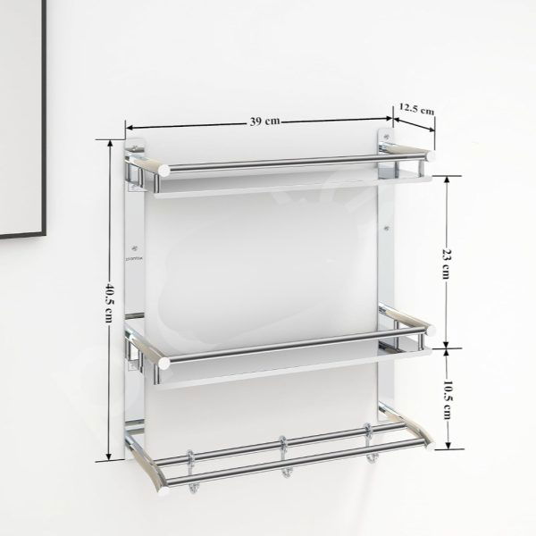 5 in 1 Stainless Steel Double Layer Shelf with Towel Holder Rod for Bathroom/Multipurpose Shelf for Wall Mount Bathroom Accessories (Chrome)