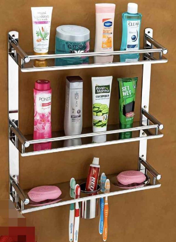 5 in 1 Stainless Steel Double Layer Shelf with Towel Holder Rod for Bathroom/Multipurpose Shelf for Wall Mount Bathroom Accessories (Chrome)