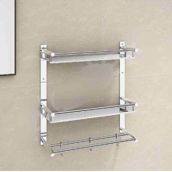 5 in 1 Stainless Steel Double Layer Shelf with Towel Holder Rod for Bathroom/Multipurpose Shelf for Wall Mount Bathroom Accessories (Chrome)
