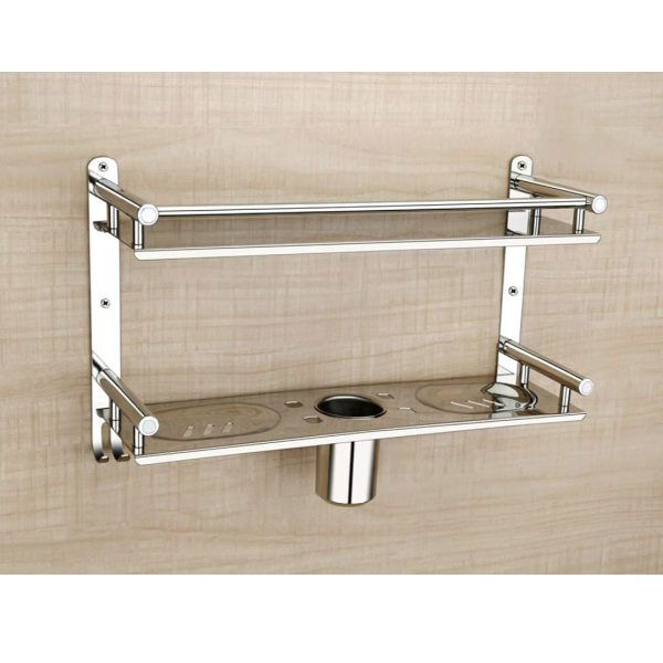 Stainless Steel 2 Layer Wall Mounted Bathroom Rack and Shelf Bathroom Storage Racks and Shelves Washroom Basin Double Soap Dish and Tumbler Holder Soap Holder Bathroom Accessories