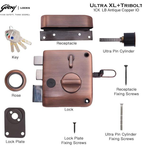 Godrej maindoor lock 6029 ultra XL+ tribolt 1ck with latchbolt Antique copper finish inside opening door 5 years warrenty free installation