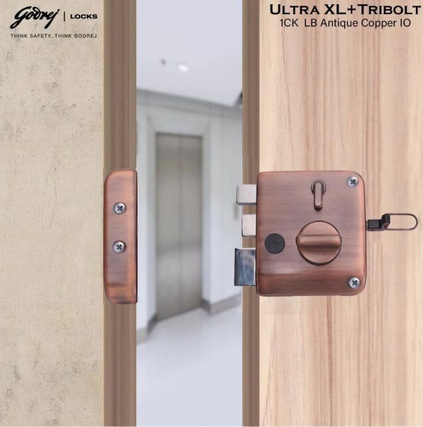 Godrej maindoor lock 6029 ultra XL+ tribolt 1ck with latchbolt Antique copper finish inside opening door 5 years warrenty free installation