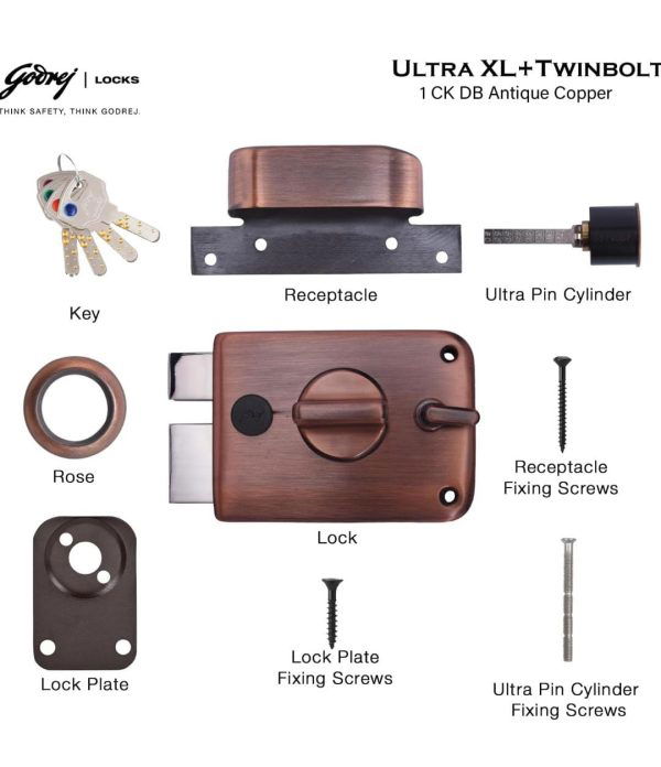 Godrej maindoor lock ultra XL+ twinbolt 6027 5 years warranty with antique copper finish free installation