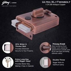 Godrej maindoor lock ultra XL+ twinbolt 6027 5 years warranty with antique copper finish free installation