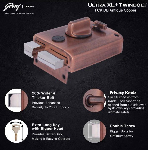 Godrej maindoor lock ultra XL+ twinbolt 6027 5 years warranty with antique copper finish free installation