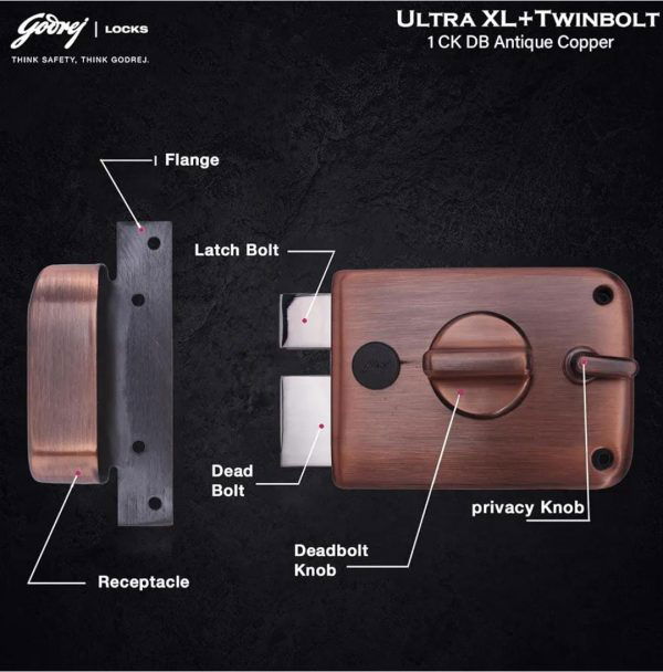 Godrej maindoor lock ultra XL+ twinbolt 6027 5 years warranty with antique copper finish free installation
