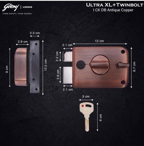 Godrej maindoor lock ultra XL+ twinbolt 6027 5 years warranty with antique copper finish free installation