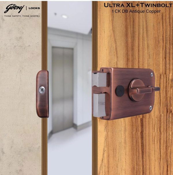 Godrej maindoor lock ultra XL+ twinbolt 6027 5 years warranty with antique copper finish free installation