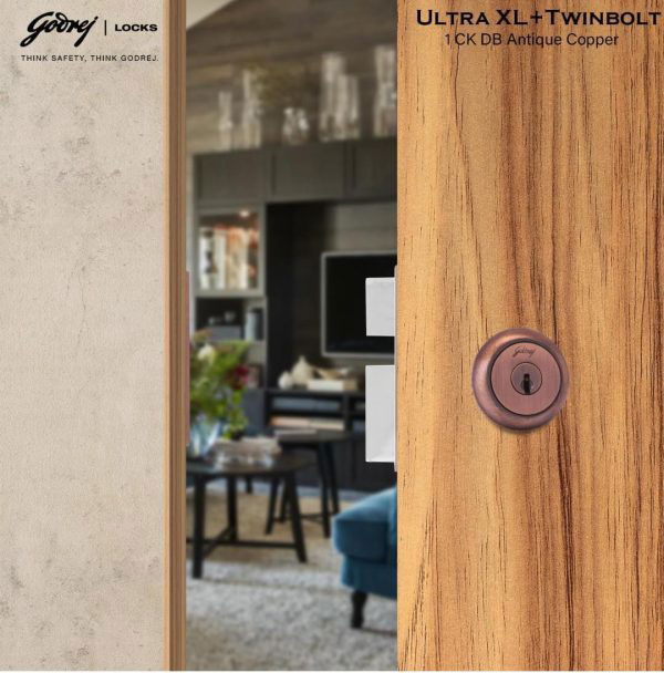 Godrej maindoor lock ultra XL+ twinbolt 6027 5 years warranty with antique copper finish free installation