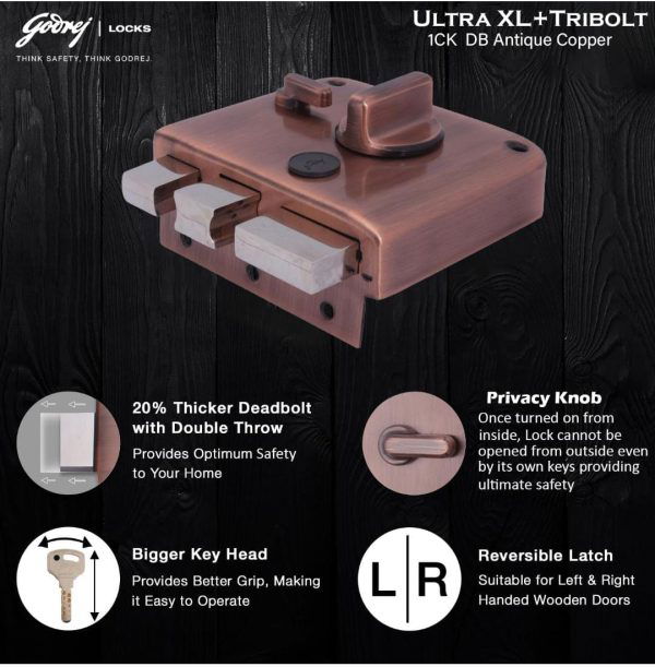 Godrej maindoor lock 6030 ultra XL+ tribolt 1ck deadbolt Antique copper finish for Inside/Outside Opening Door & Left/Right Handed Doors I 4 Keys 5 years warrenty free installation