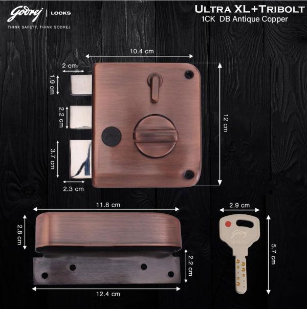 Godrej maindoor lock 6030 ultra XL+ tribolt 1ck deadbolt Antique copper finish for Inside/Outside Opening Door & Left/Right Handed Doors I 4 Keys 5 years warrenty free installation