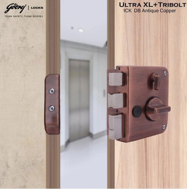 Godrej maindoor lock 6030 ultra XL+ tribolt 1ck deadbolt Antique copper finish for Inside/Outside Opening Door & Left/Right Handed Doors I 4 Keys 5 years warrenty free installation